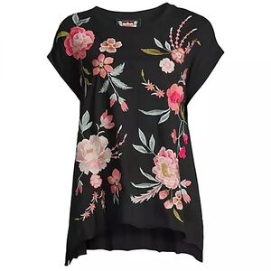Johnny Was Black Top Tee with Pink Floral Embroidery